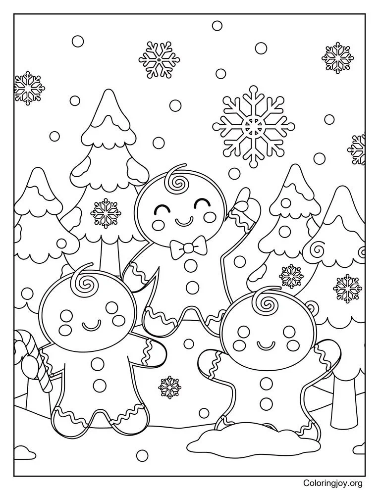 Amigos de pan de jengibre explorando un bosque navideño lleno de copos de nieve