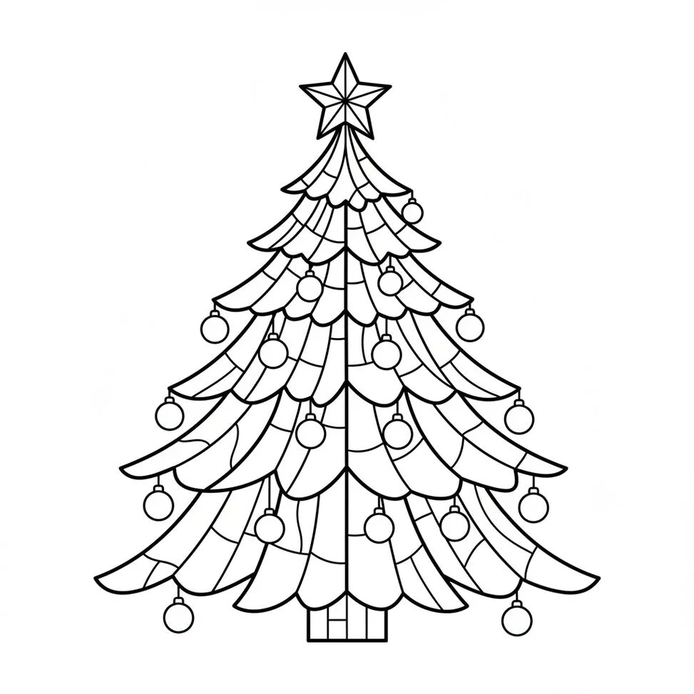Página para colorear del árbol de Navidad con vidrieras