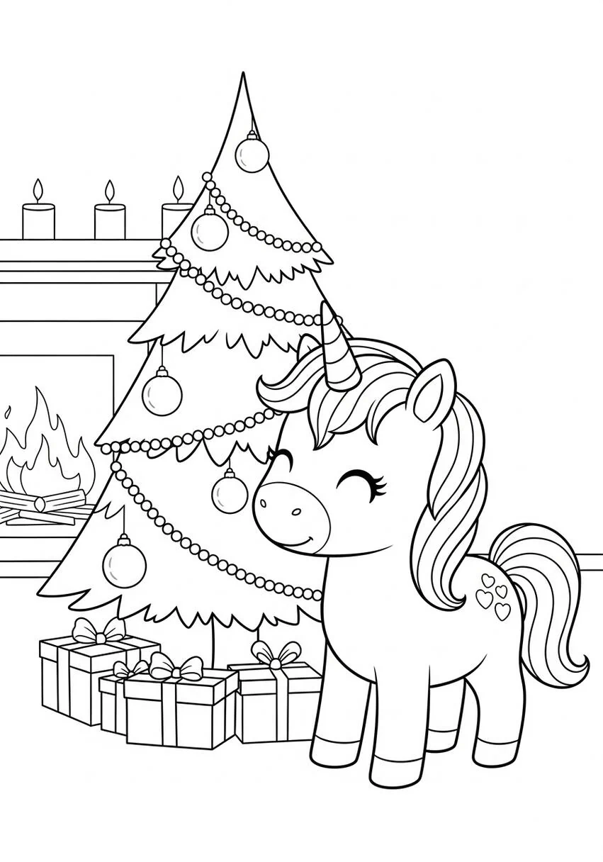 Dibujo para colorear de árbol de Navidad de unicornio.