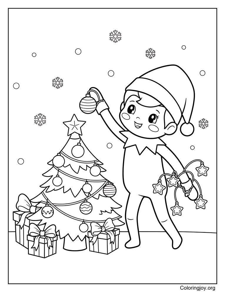 Página para colorear de elfo festivo que adorna el árbol en el estante