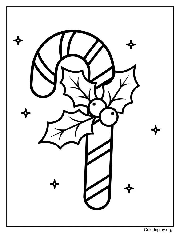 Dibujo de bastón de caramelo con acebo para colorear