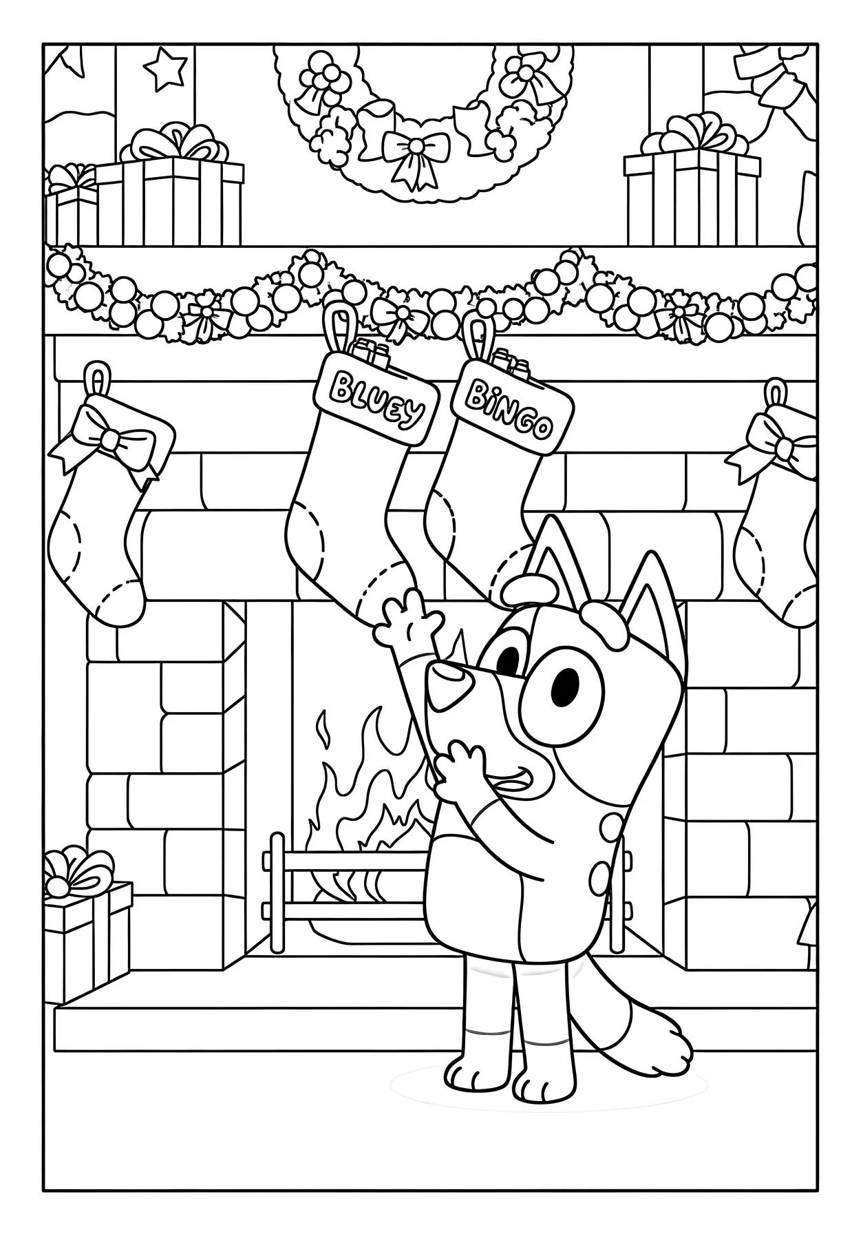 Bluey Dibujo para colorear de medias navideñas colgantes