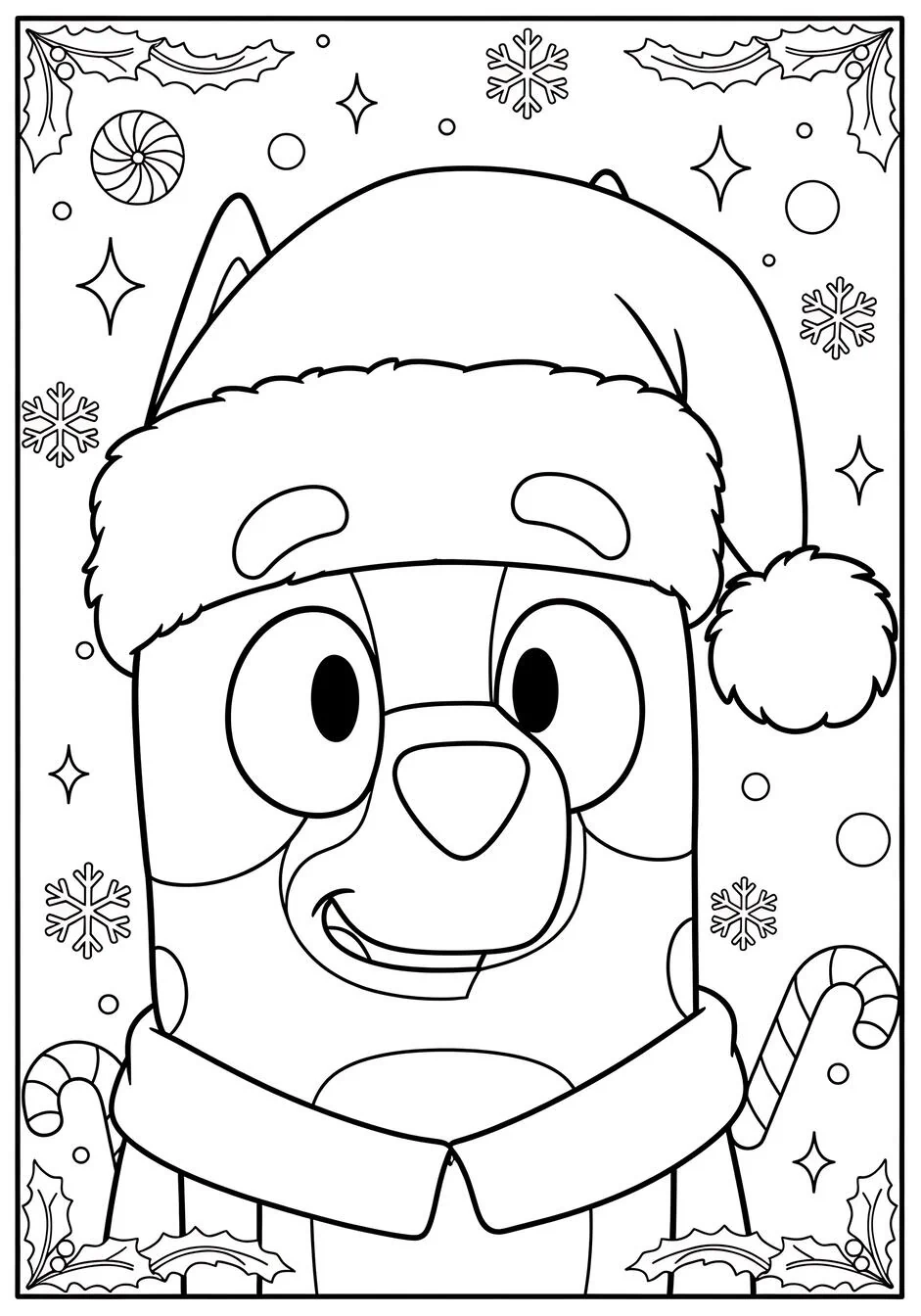 Bluey- página para colorear festiva con gorro de Papá Noel