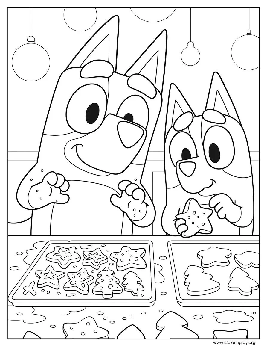 Bluey Página para colorear horneando galletas navideñas