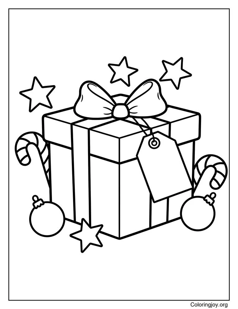 Página para colorear de caja de regalo navideña y elementos festivos