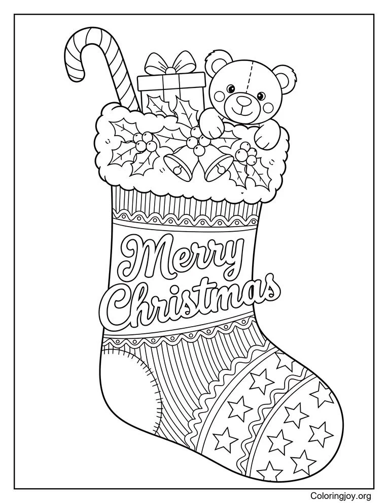 Dibujo para colorear de calcetín navideño tradicional con feliz Navidad