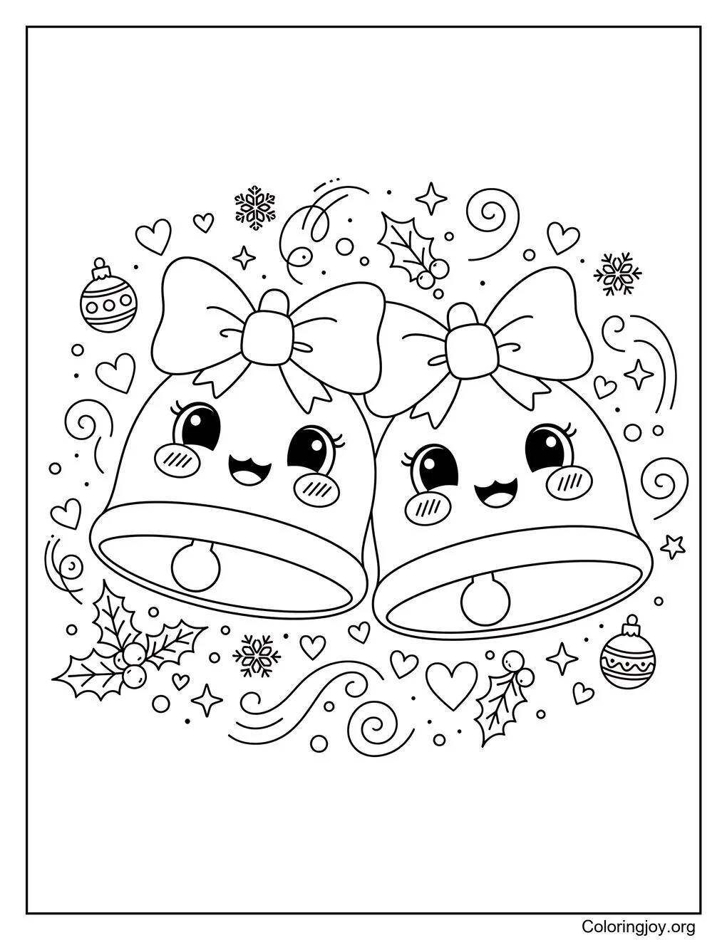 Página para colorear de campanas navideñas sonrientes con acebo y estrellas