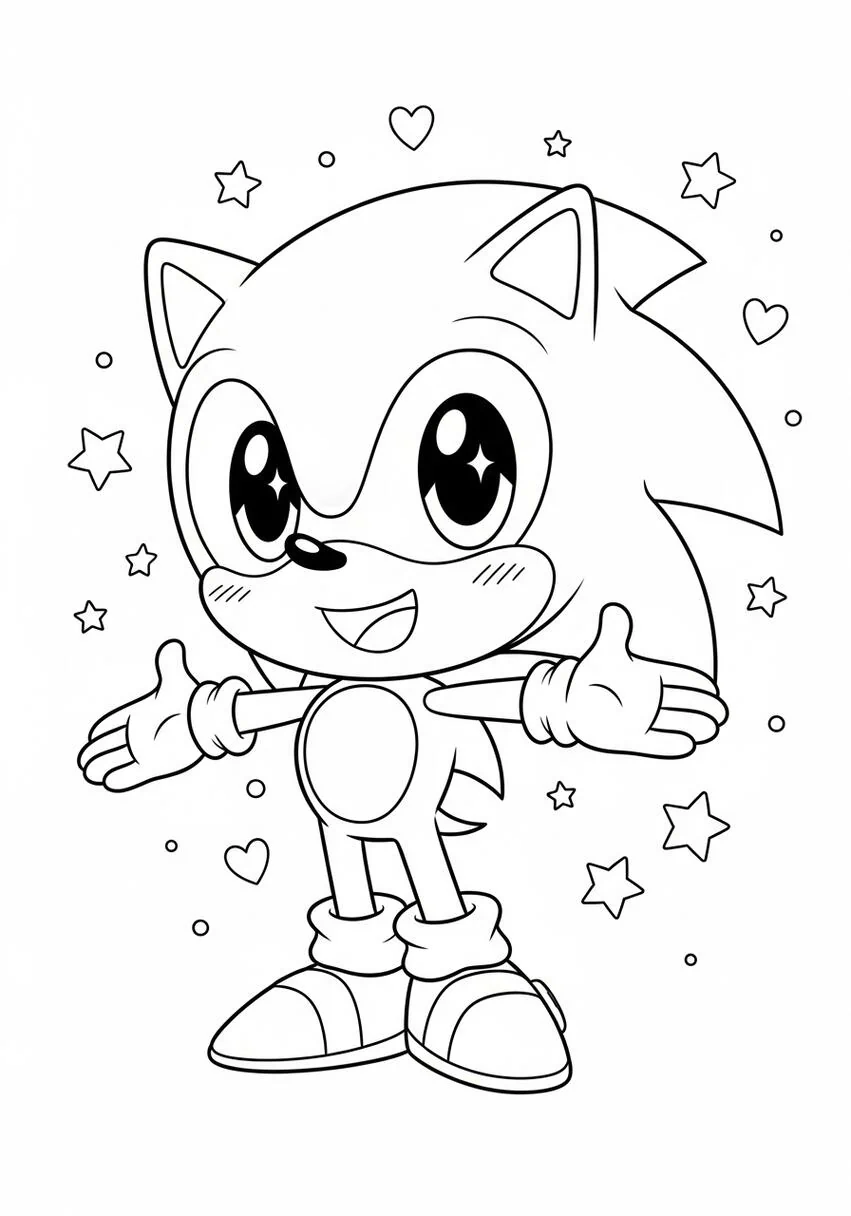 Dibujo para colorear de Chibi Sonic el erizo con estrellas y corazones