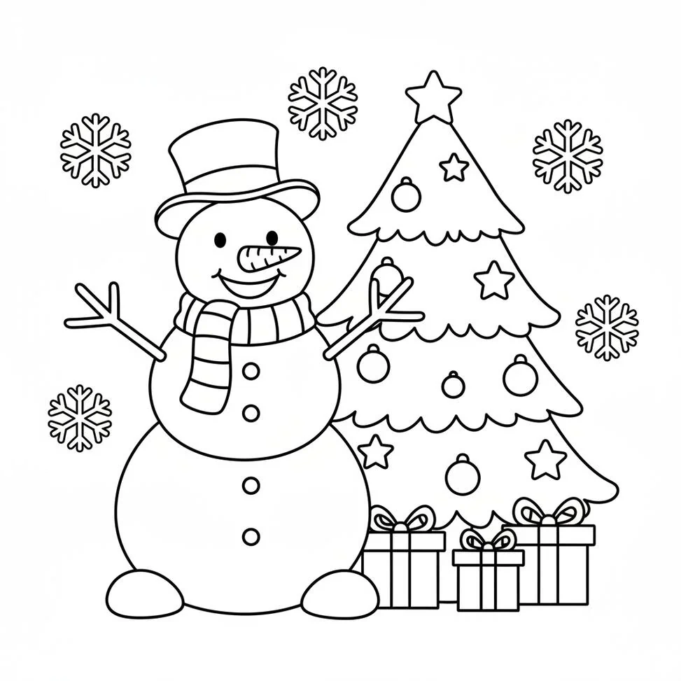 Dibujo para colorear de muñeco de nieve y árbol de Navidad