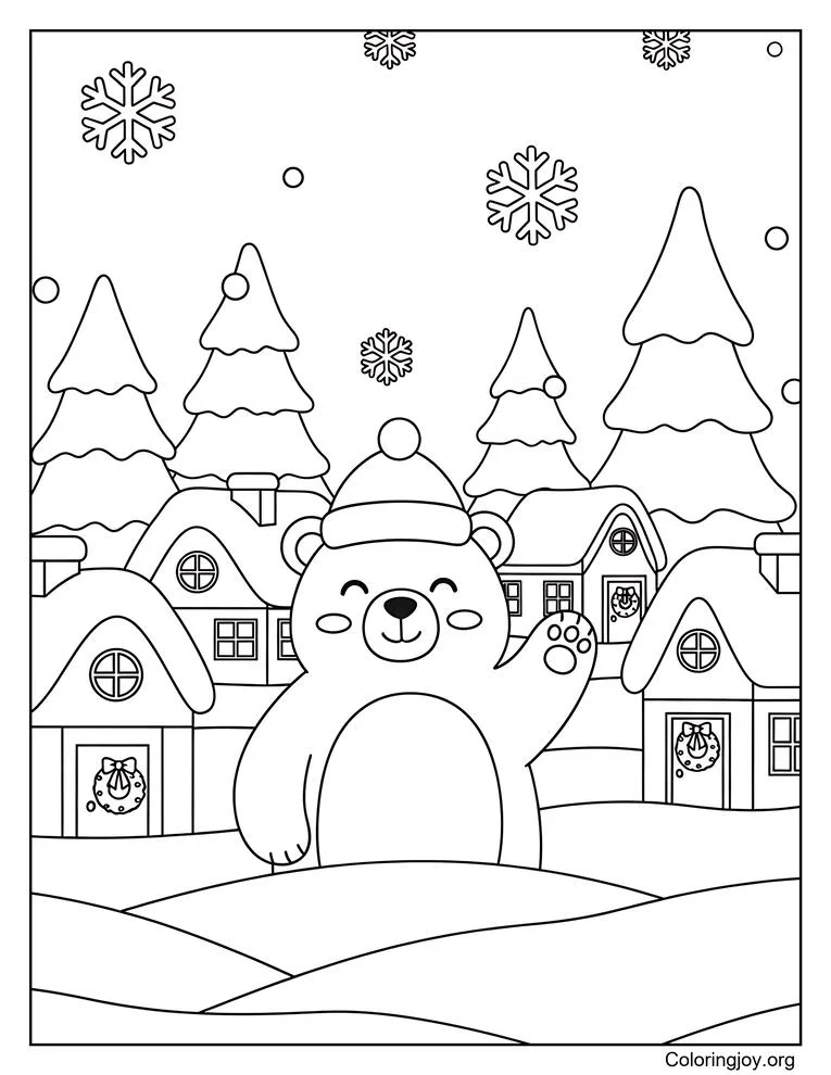 Dibujo para colorear del pueblo invernal del oso polar navideño