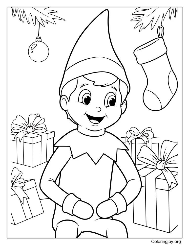 Página para colorear de la mañana de Navidad de Elf on the Shelf