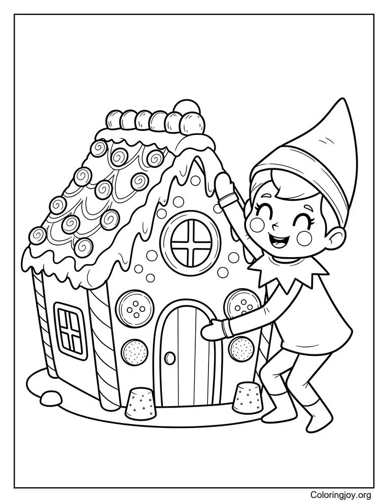Página para colorear de Elf on the Shelf Casa de jengibre