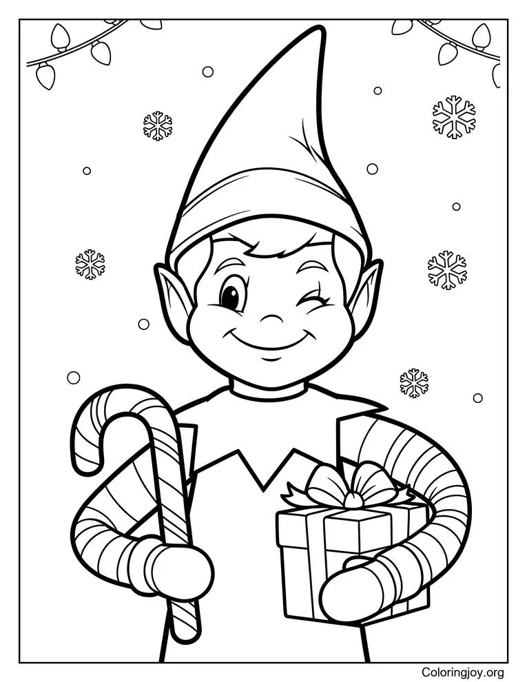 Página para colorear de elfo festivo en el estante para divertirse durante las fiestas