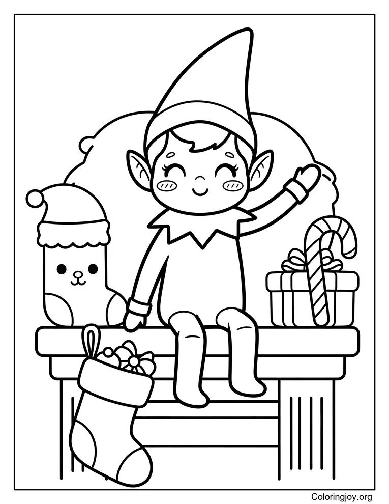 Página para colorear clásica del elfo navideño en el estante