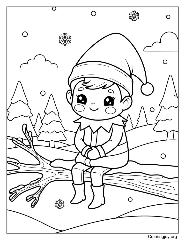 Elfo nevado en el estante Página para colorear al aire libre
