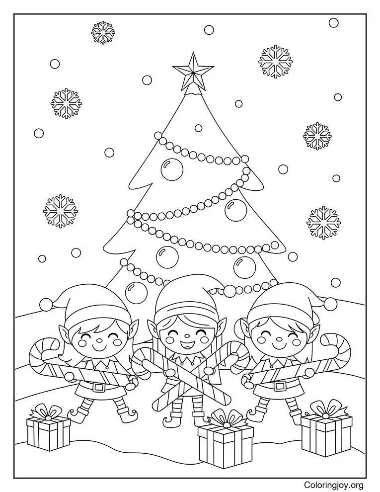 Dibujo para colorear de duendes navideños sosteniendo bastones de caramelo
