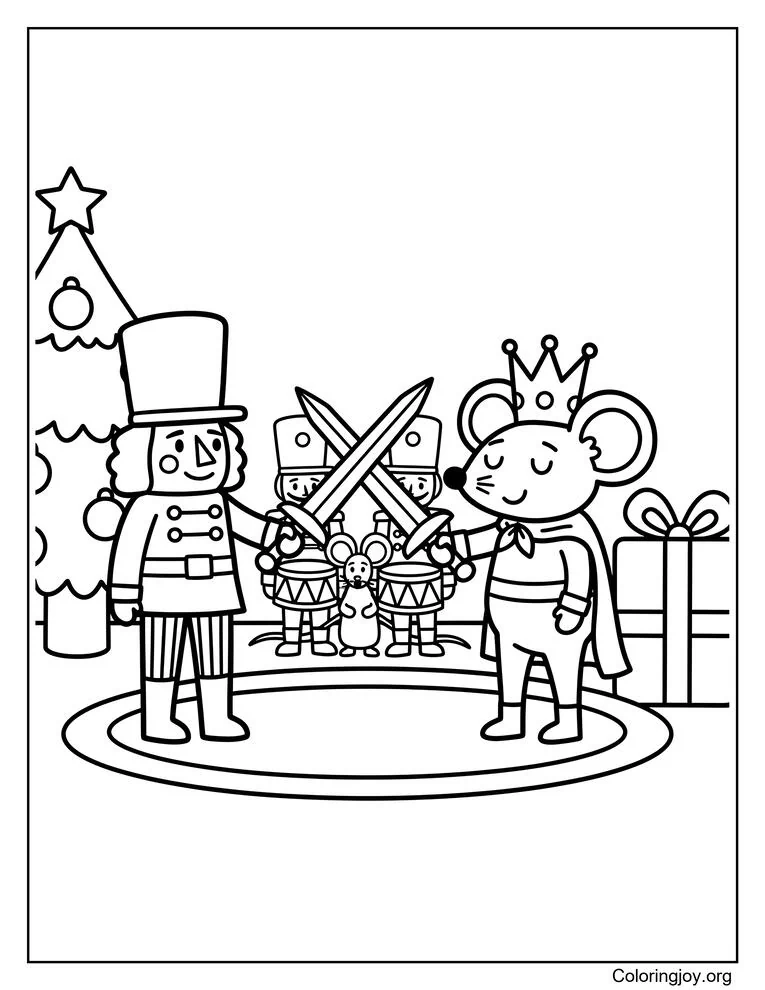 Página para colorear Cascanueces y Rey Ratón Escena de batalla