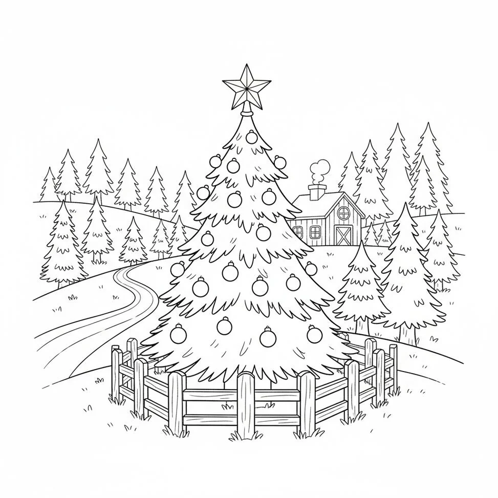 Página para colorear de la escena de la granja del árbol de Navidad