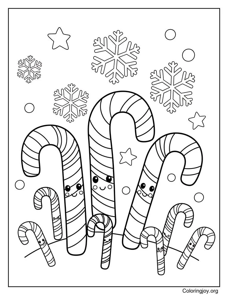 Dibujo de escena navideña con bastones de caramelo para colorear