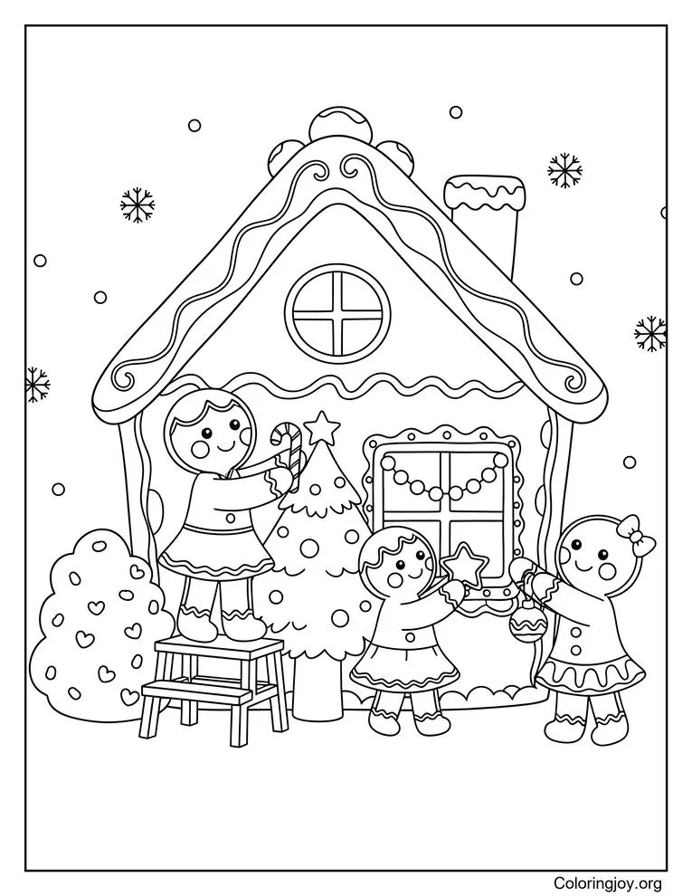 Familia festiva de pan de jengibre decorando su casa de vacaciones