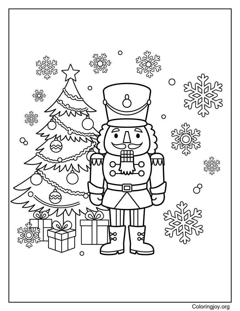 Página para colorear de fantasía de Cascanueces con copos de nieve