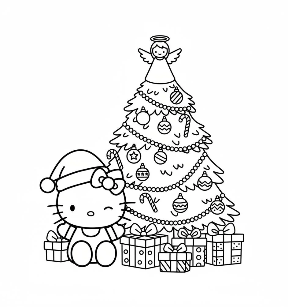 Página para colorear del árbol de Navidad de Hello Kitty