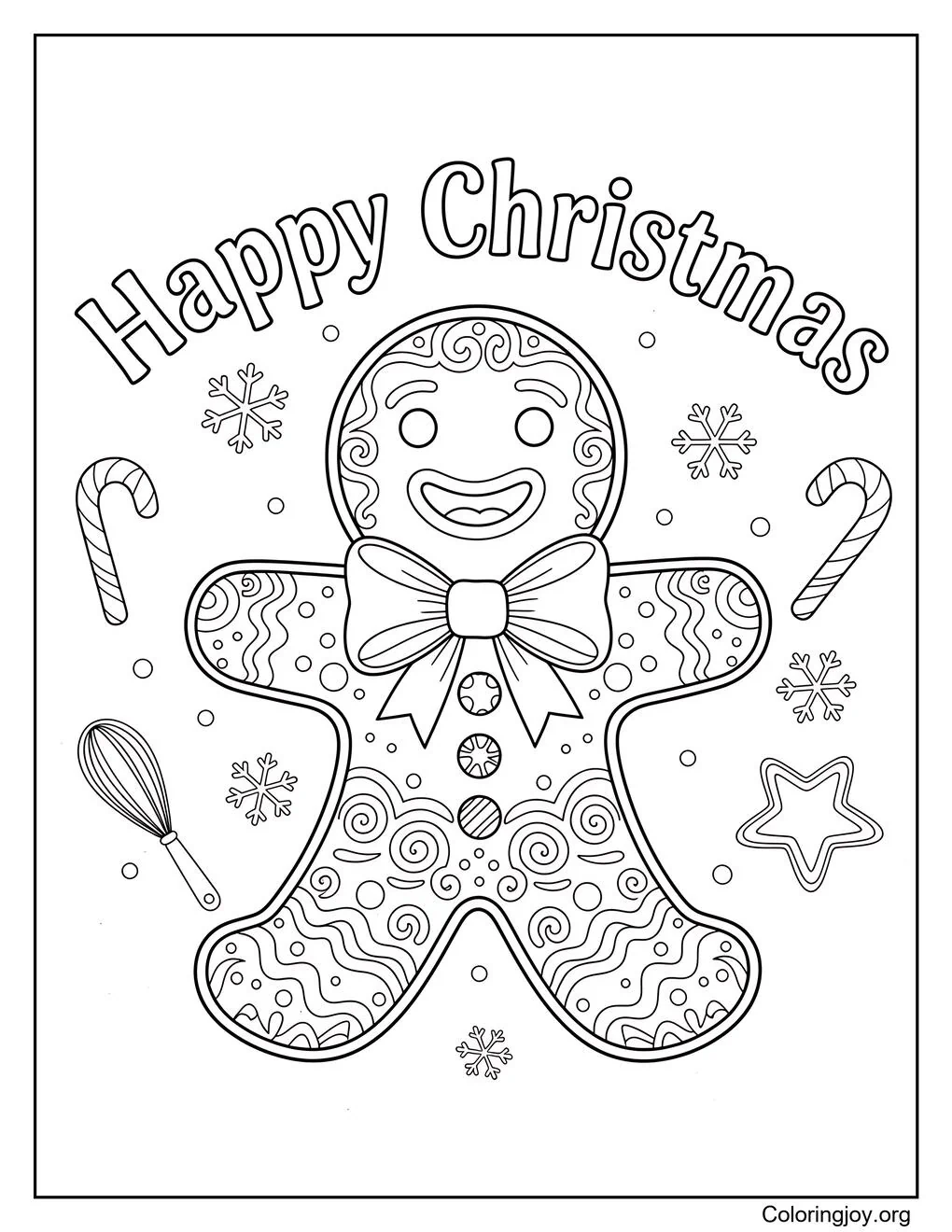 Intrincada página para colorear de feliz Navidad del hombre de jengibre