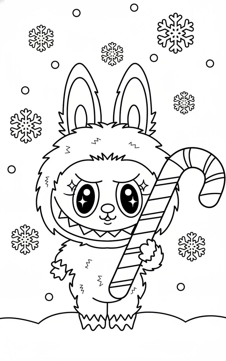 Labubu con bastón de caramelo y copos de nieve navideños