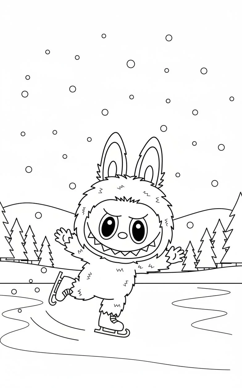 Labubu Patinaje sobre hielo en un estanque helado en invierno