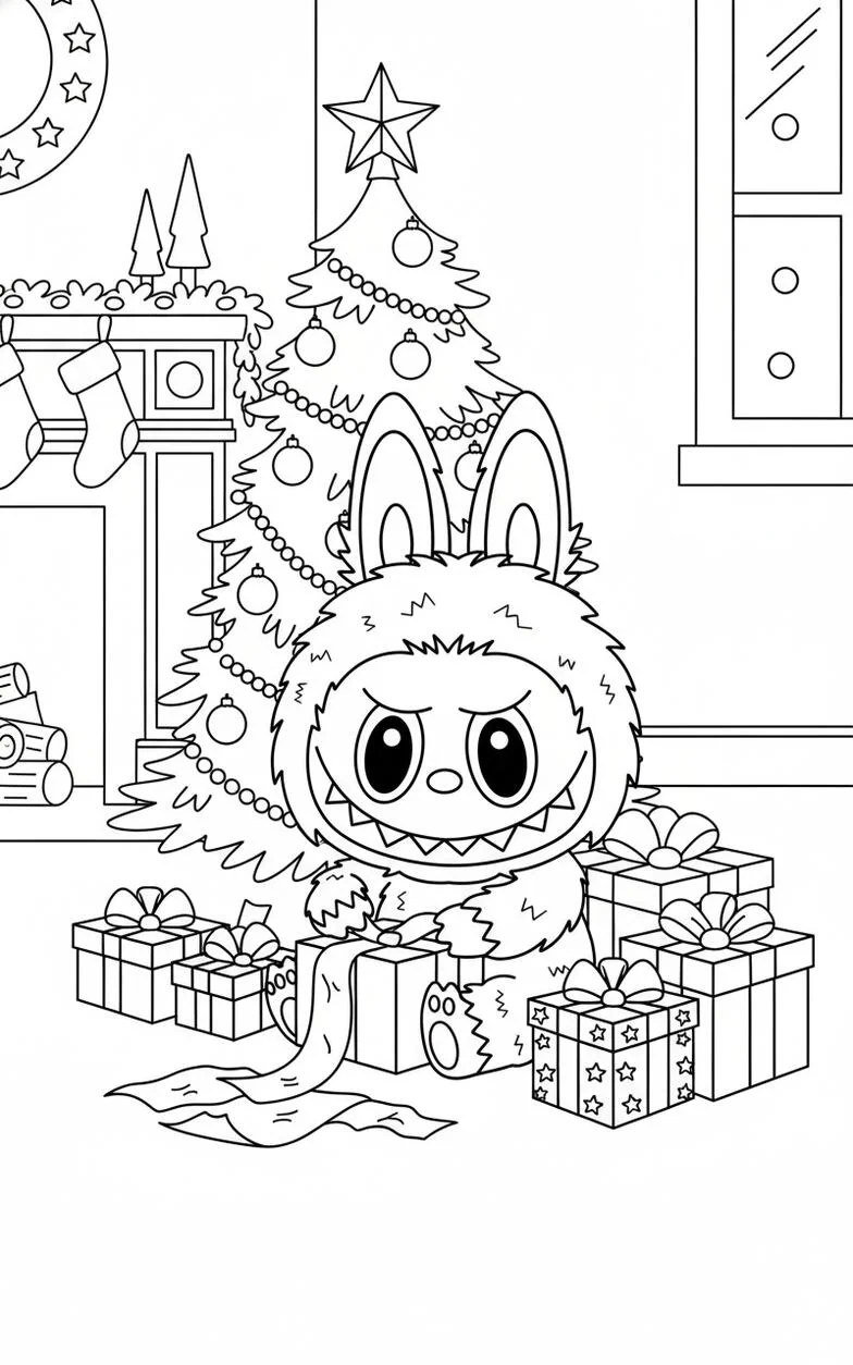 Labubu Desenvolviendo los regalos del árbol de Navidad