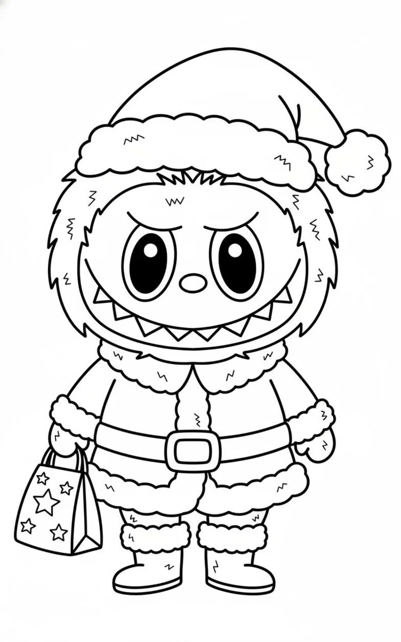 Labubu Dibujo para colorear de Navidad con traje de Papá Noel