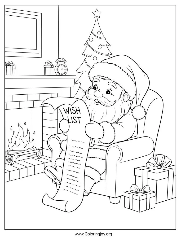 Linda página para colorear de lista de deseos de lectura de Papá Noel