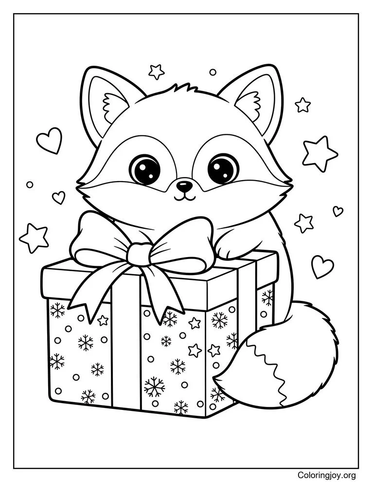 Lindo bebé zorro con caja de regalo navideña