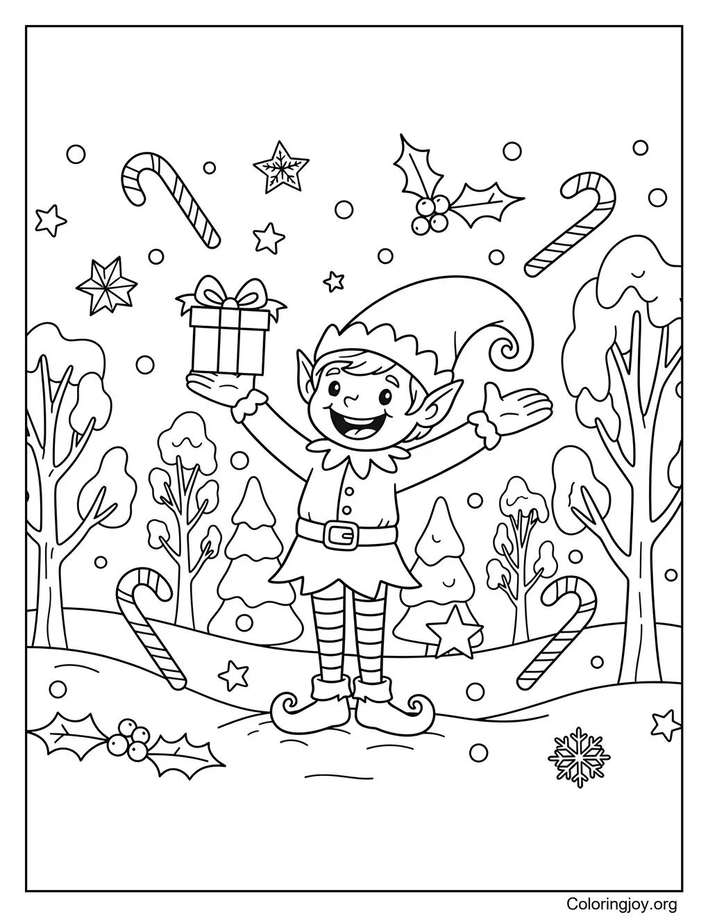 Lindo duende navideño en un bosque nevado con un regalo para colorear