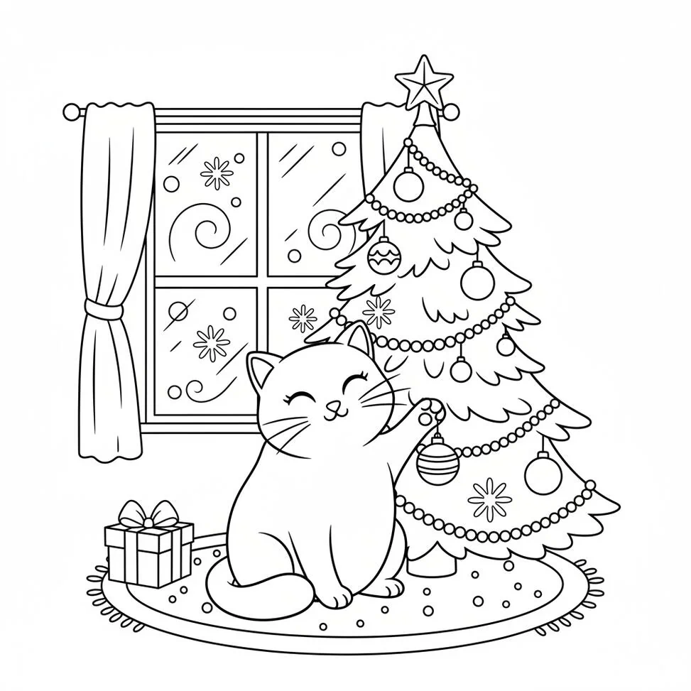 Página para colorear de la sala de estar con un lindo gato y un árbol de Navidad