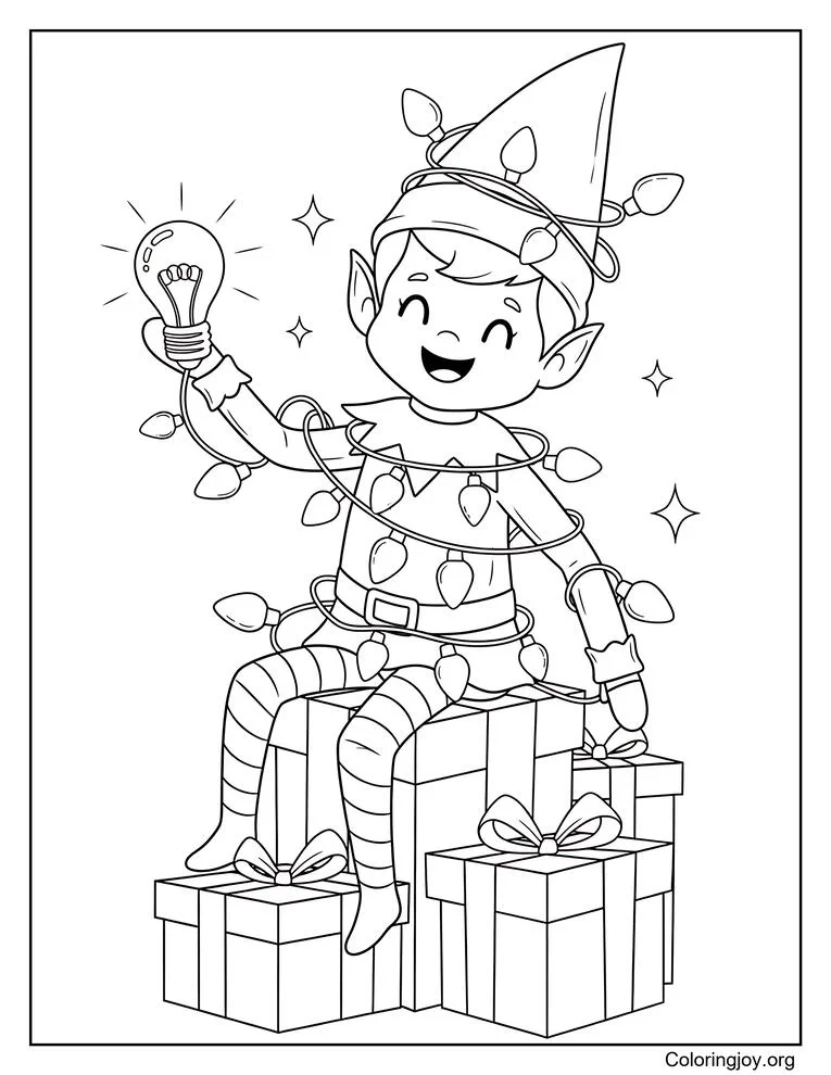 Página para colorear de luces navideñas con elfo en el estante