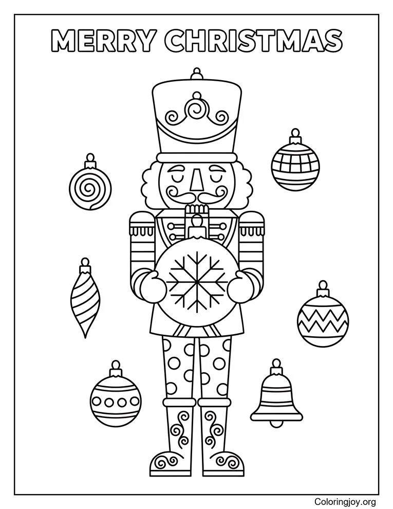 Majestuoso soldado cascanueces y adornos navideños para colorear