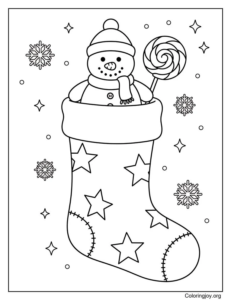 Página para colorear de calcetines decorados con estrellas, muñeco de nieve y piruleta