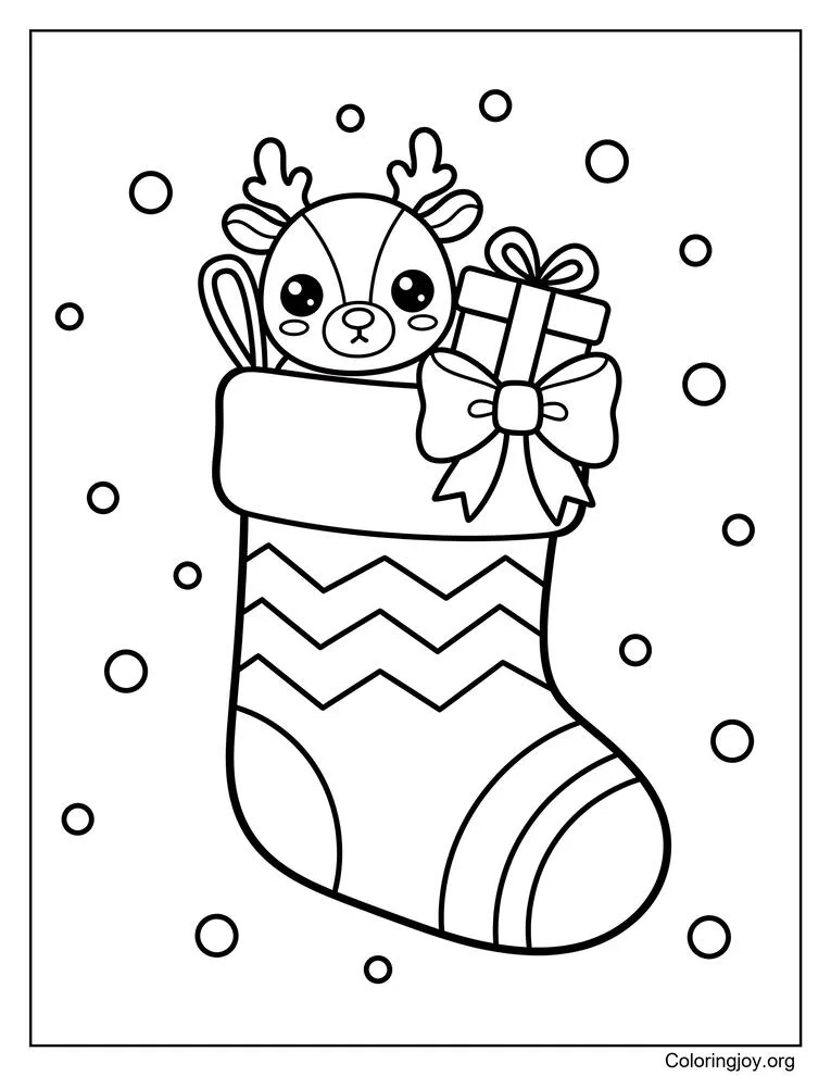 Página para colorear de media en zigzag con peluche de reno y regalo