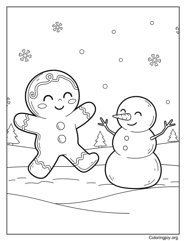 Niño de pan de jengibre jugando en la nieve con un simpático muñeco de nieve