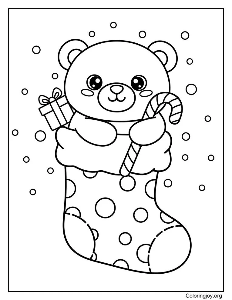 Página para colorear de osito de peluche kawaii con calcetín navideño y bastón de caramelo