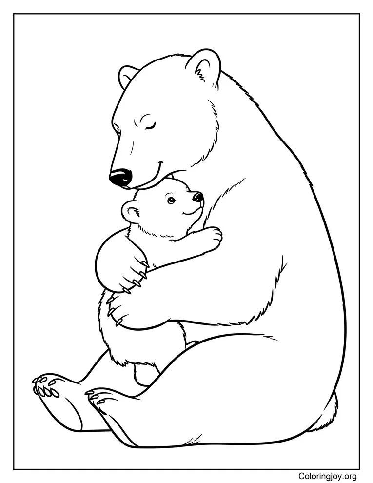 Dibujo para colorear de oso polar abrazando a su cachorro