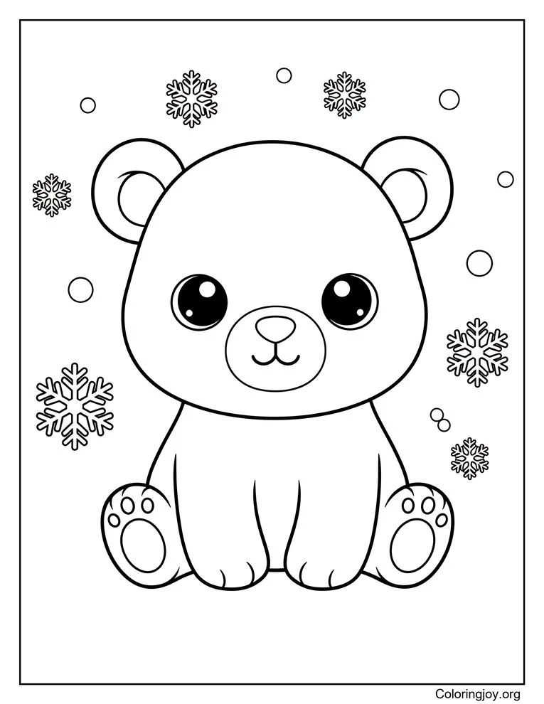Dibujo para colorear de oso polar y copos de nieve