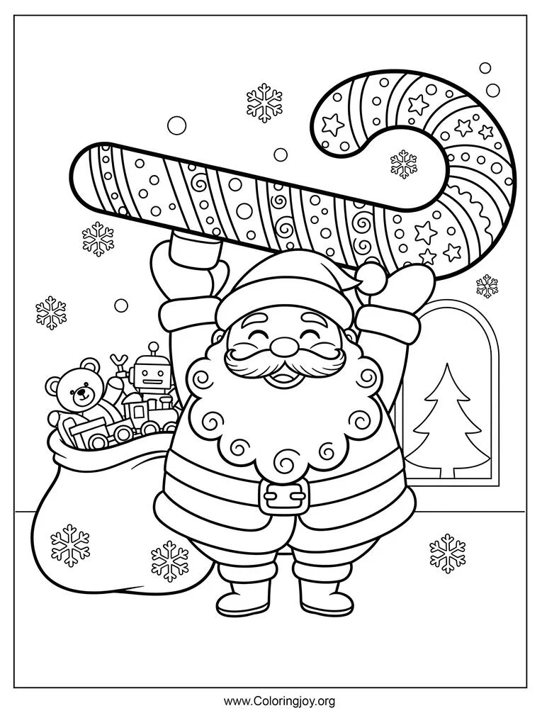 Dibujo de Papá Noel con bastón de caramelo para colorear