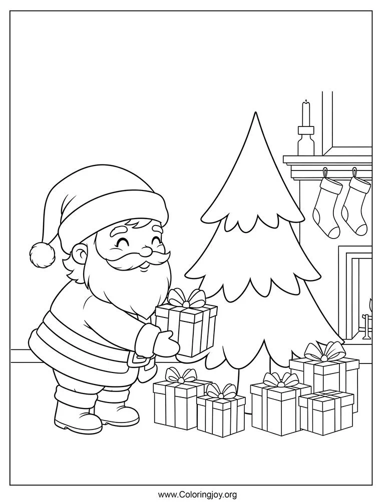 Dibujo de Papá Noel entregando regalos para colorear