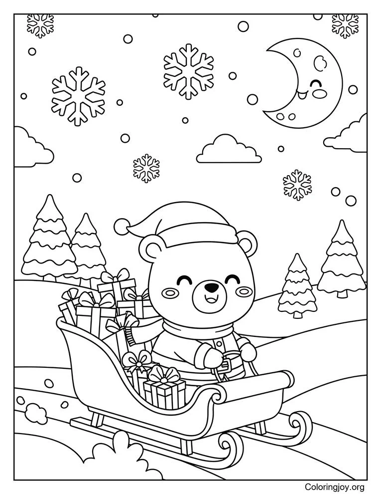 Hoja para colorear de paseo en trineo del oso polar de Papá Noel