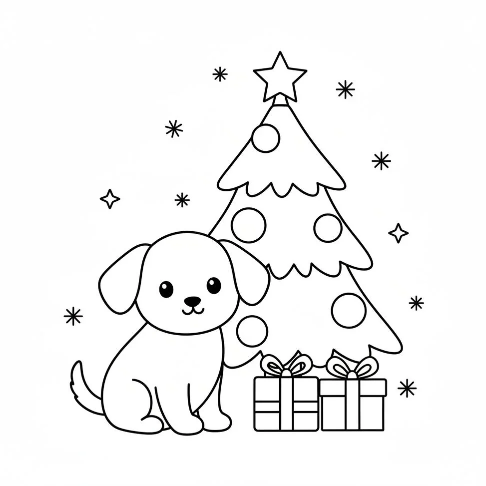 Página para colorear del árbol de Navidad del perro
