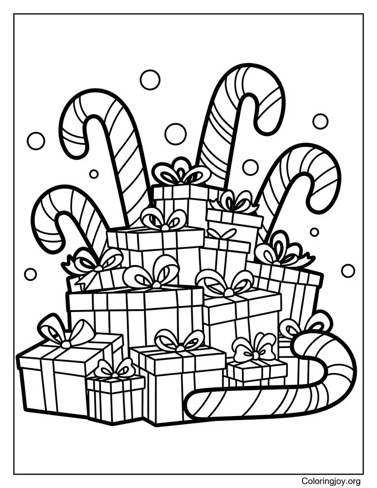 Hoja para colorear de regalos de Navidad con bastones de caramelo