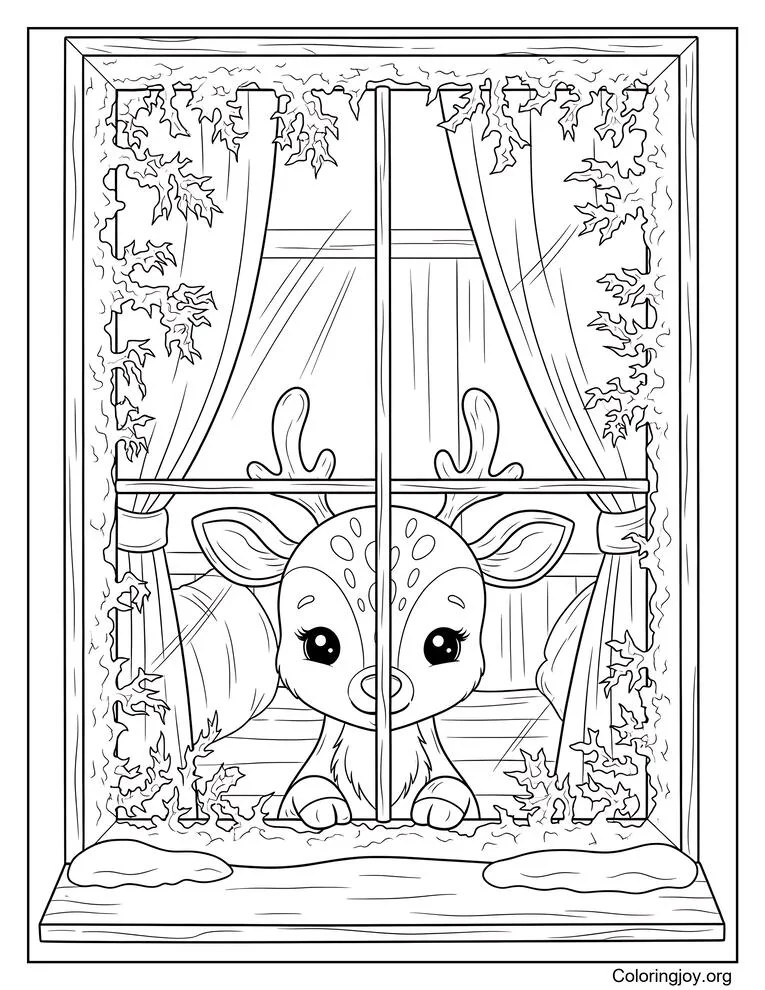 Dibujo para colorear de renos asomándose a través de una ventana helada