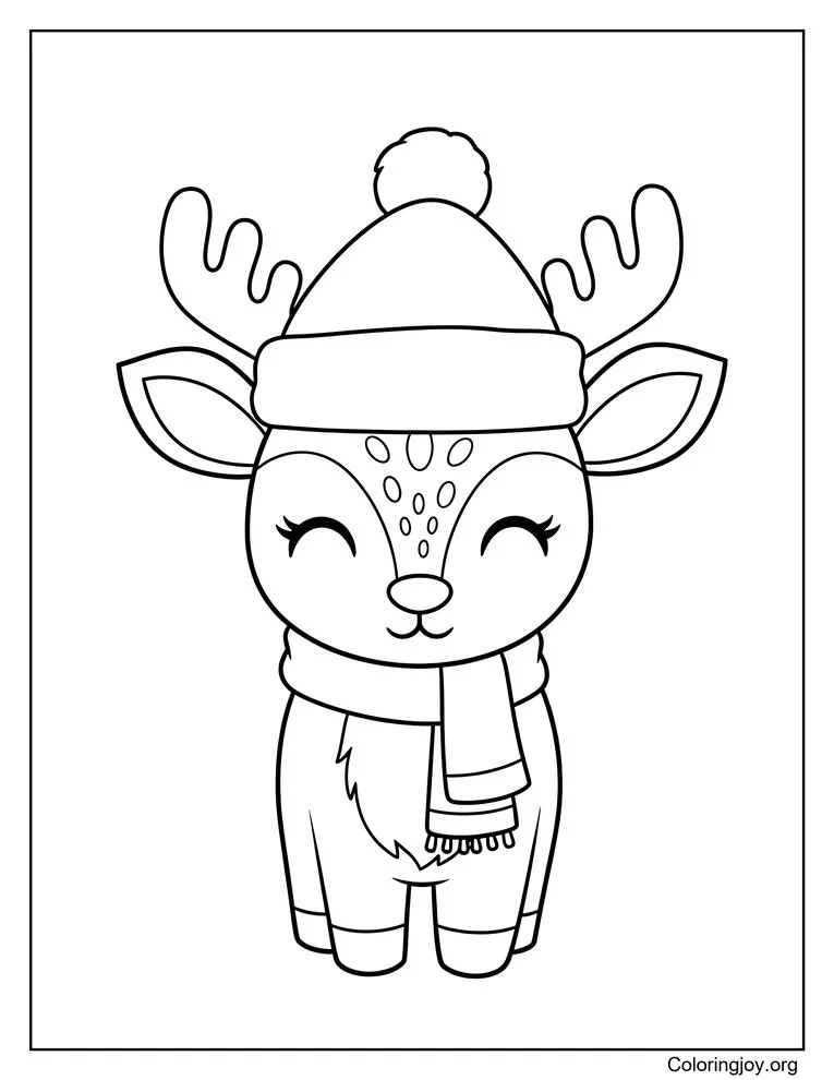 Dibujo de Reno con gorro y bufanda de Papá Noel para colorear